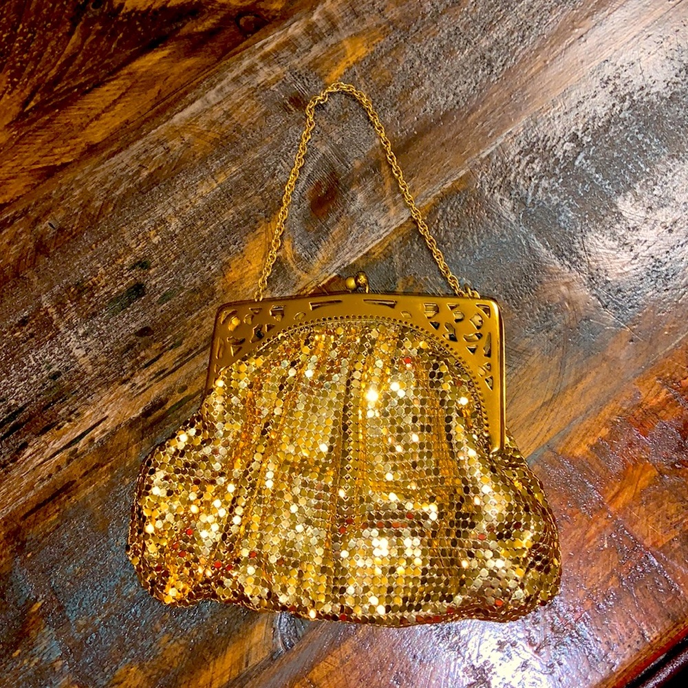 Whiting and Davis Small gold mesh clutch.